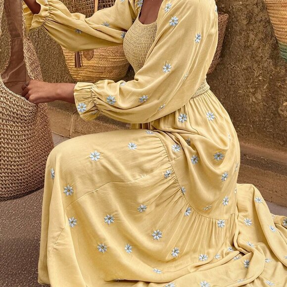 Yellow Boho Women's Long Sleeve Dress - Picture 6 of 6